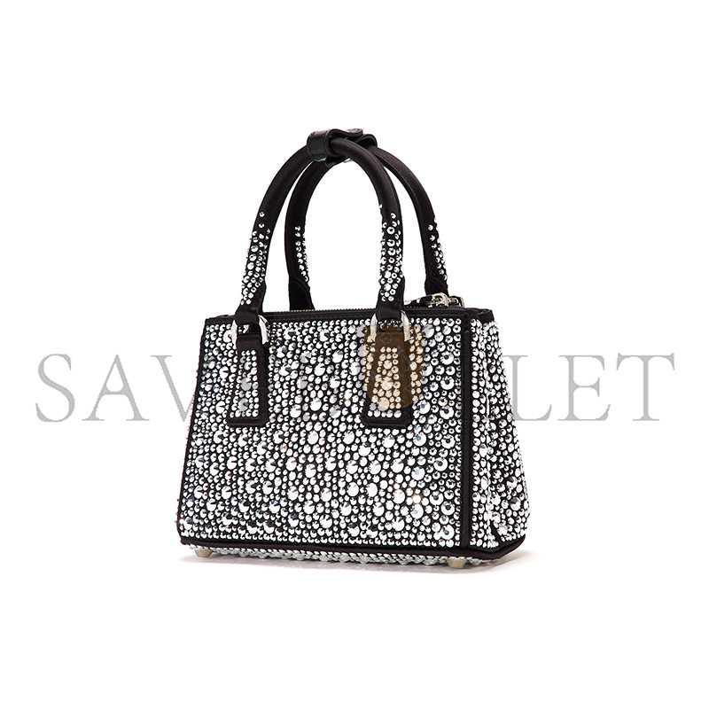 PRADA BLACK SATIN AND CRYSTAL MINI GALLIERA TOTE BAG 1BA906 (20*15*9.5cm)